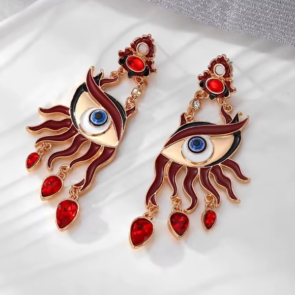 Surreal Evil Eye Art Earrings — Red & Gold Statement Drops - Picture 5 of 6